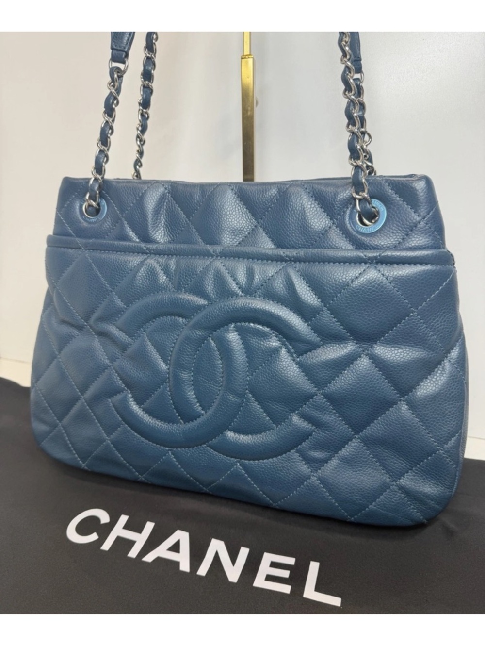 CHANEL Quilted Caviar Leather Shoulder Bag in Bluish Green Color